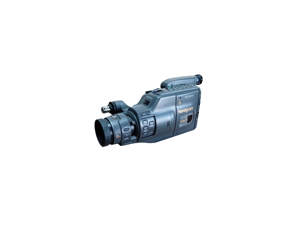 Sony analogue camcorder, Handycam model with Video 8 system, featuring a horizontal body in shades of grey and black, an 8x built-in zoom lens and side-mounted controls; available for hire for events, advertising, films and TV series