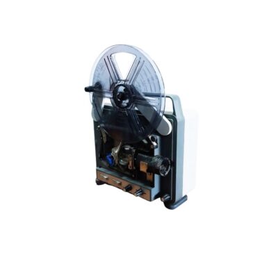 Vintage analogue cinema projector, characterised by its sturdy grey and white construction, mechanical controls and a transparent film reel mounted on top; available for hire for events, advertising, films and TV series