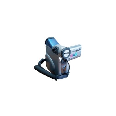 A compact digital camcorder from JVC, featuring a sleek body in shades of silver and blue, a padded side strap and a fold-out side screen; available for hire for events, advertising, films and TV series