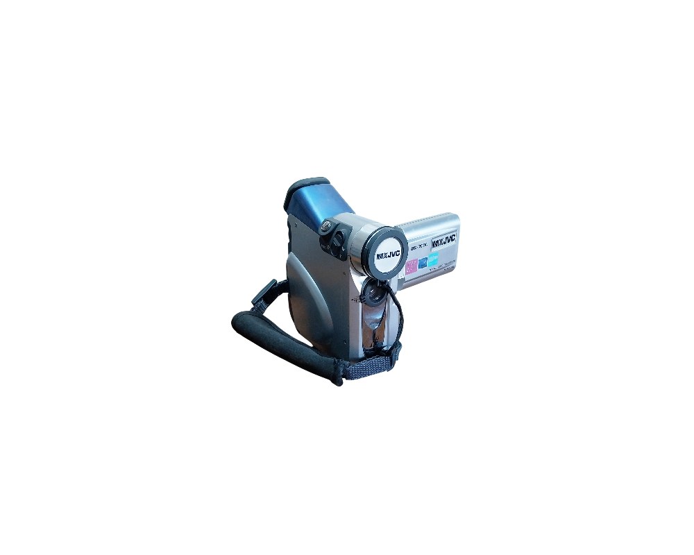 A compact digital camcorder from JVC, featuring a sleek body in shades of silver and blue, a padded side strap and a fold-out side screen; available for hire for events, advertising, films and TV series