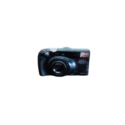 A Yashica compact analogue camera, model Zoomtec 70, characterised by its sleek, dark-coloured body, built-in flash and a front-mounted zoom lens with visible technical specifications; available for hire for events, advertising, films and TV series