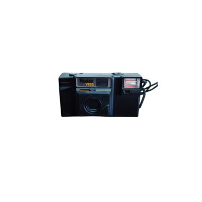 A Kodak VR35 compact analogue camera, characterised by its rectangular black body with yellow accents and a built-in front viewfinder with a side-mounted flash; available for hire for events, advertising, films and TV series