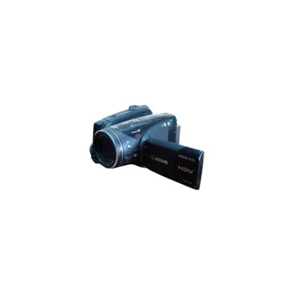 Canon high-definition digital camcorder, model Vixia HV30 HDV, characterised by its compact and stylish dark-coloured body, front-facing lens with an advanced autofocus system and a fold-out side LCD screen; available for hire for events, advertising, films and TV series