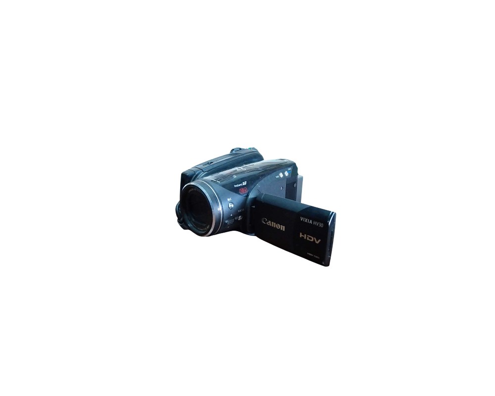 Canon high-definition digital camcorder, model Vixia HV30 HDV, characterised by its compact and stylish dark-coloured body, front-facing lens with an advanced autofocus system and a fold-out side LCD screen; available for hire for events, advertising, films and TV series