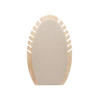 Vertical display stand with an oval design, made from a light-coloured wooden frame featuring side slits, complemented by a central panel covered in textured linen fabric; available for hire for events, advertising, films and TV series