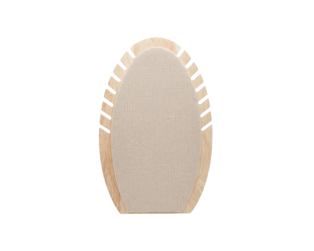 Vertical display stand with an oval design, made from a light-coloured wooden frame featuring side slits, complemented by a central panel covered in textured linen fabric; available for hire for events, advertising, films and TV series