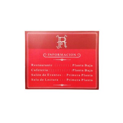 A rectangular information sign with a red background, featuring a frame and light-coloured lettering, designed to show the layout of facilities such as the restaurant, café, events hall and reading room on their respective floors; available for hire for events, advertising, films and TV series