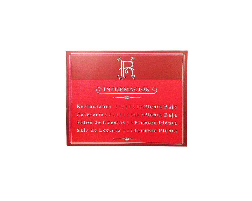A rectangular information sign with a red background, featuring a frame and light-coloured lettering, designed to show the layout of facilities such as the restaurant, café, events hall and reading room on their respective floors; available for hire for events, advertising, films and TV series
