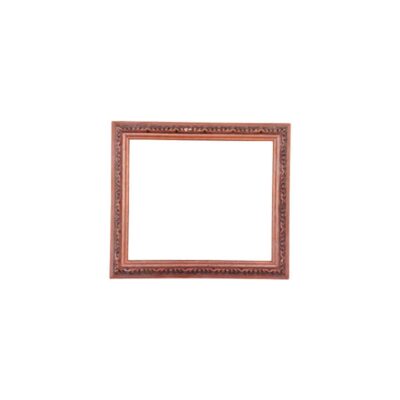 Square picture frame made of wood with a warm brown finish, characterised by an elaborate outer moulding decorated with a carved relief of geometric patterns. External dimensions: 44x37. Internal dimensions: 35x28. Available for hire for events, advertising, films and TV series.