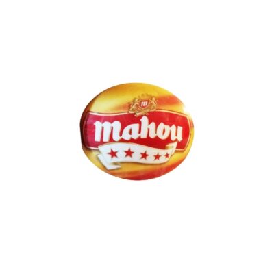 An oval-shaped advertising sign featuring the classic design of the Mahou beer brand, highlighting the central logo in shades of red and white against a golden and reddish background, complete with the traditional stars; available for hire for events, advertising, films and TV series