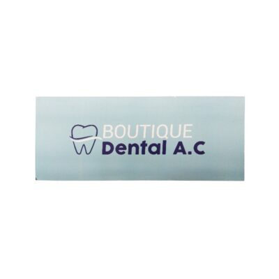 A rectangular corporate sign with a sky-blue background, featuring the organisation’s logo printed on it – comprising a stylised graphic silhouette of a tooth and the text “BOUTIQUE Dental A.C.”. It has a clean, professional and clinical aesthetic, very typical of medical and commercial signage, and is available for hire for events, advertising, films and TV series.