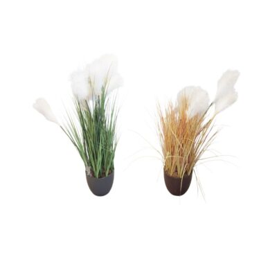 conjunto de dos arreglos de plantas artificiales presentados en macetas ovaladas oscuras, compuestos por finas hojas de pasto en tonalidades verdes y cobrizas acompañadas de delicados penachos plumosos de color blanco alquiler para eventos, publicidad, peliculas y series