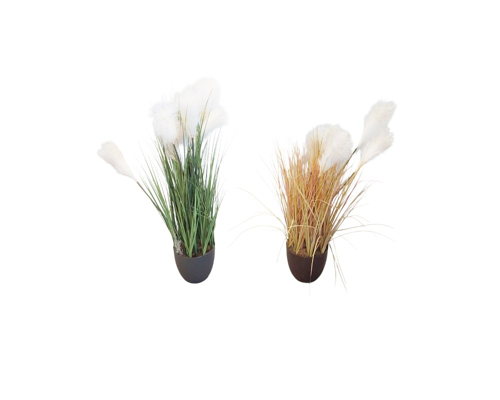 conjunto de dos arreglos de plantas artificiales presentados en macetas ovaladas oscuras, compuestos por finas hojas de pasto en tonalidades verdes y cobrizas acompañadas de delicados penachos plumosos de color blanco alquiler para eventos, publicidad, peliculas y series