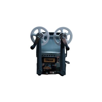 A Giant-brand analogue film viewer and editor, characterised by its sturdy metal frame in dark tones, with a double crank handle and twin upper spools for viewing film rolls; available for hire for events, advertising, films and TV series