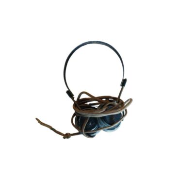Vintage headphones with a slim metal headband, circular earpieces and a long, fabric-covered braided cable with traditional connectors; available for hire for events, advertising, films and TV series
