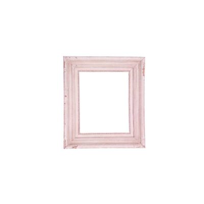 A vertical-format picture frame made of wood, characterised by a wide moulding with a stepped profile and a handcrafted distressed or aged finish in soft pink tones that reveals subtle underlying textures. External dimensions: 63x54. Internal dimensions: 44x35. Available for hire for events, advertising, films and TV series