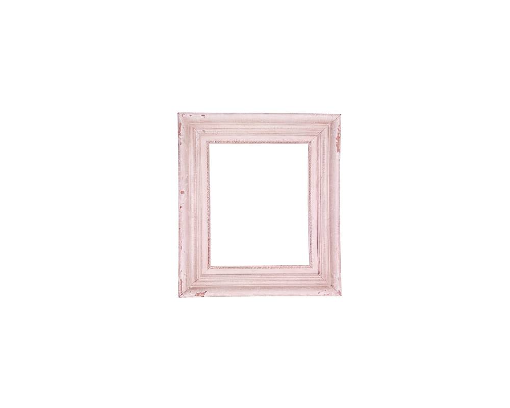 A vertical-format picture frame made of wood, characterised by a wide moulding with a stepped profile and a handcrafted distressed or aged finish in soft pink tones that reveals subtle underlying textures. External dimensions: 63x54. Internal dimensions: 44x35. Available for hire for events, advertising, films and TV series