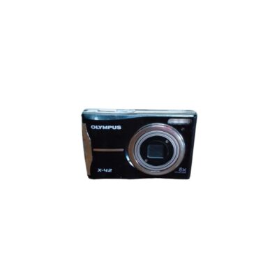 Olympus X-42 compact digital camera, characterised by its sleek, glossy black body, integrated front zoom lens and built-in flash; available for hire for events, advertising, films and TV series