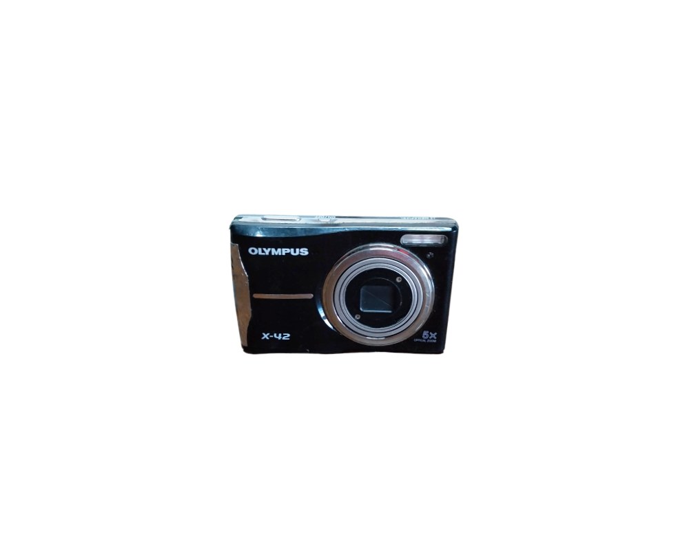Olympus X-42 compact digital camera, characterised by its sleek, glossy black body, integrated front zoom lens and built-in flash; available for hire for events, advertising, films and TV series
