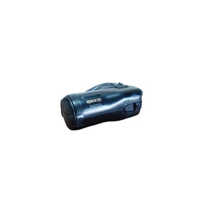 A vintage Canon compact camera, model Epoca 135, characterised by its ergonomic and streamlined design in black, featuring technical markings and an integrated grip; available for hire for events, advertising, films and TV series