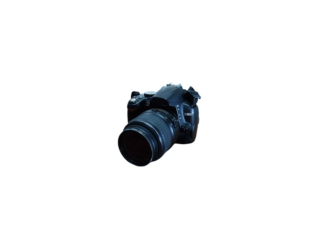 A Nikon D3000 digital SLR camera, characterised by its ergonomic dark-coloured body and integrated front zoom lens; available for hire for events, advertising, films and TV series