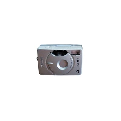 A Canon IXUS M-1 compact analogue camera, characterised by its silver metal body with a rectangular design, featuring an integrated sliding cover and a front viewfinder; available for hire for events, advertising, films and TV series