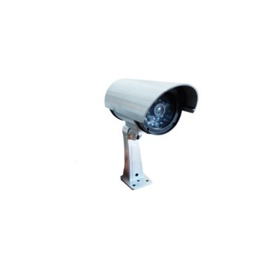 CCTV security camera with a cylindrical metal body in a silver finish, featuring an articulated mounting bracket and a protective top visor; available for hire for events, advertising, films and TV series