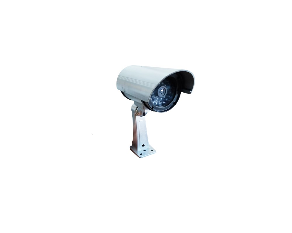 cámara de seguridad CCTV de diseño cilíndrico metálico en tono plateado con soporte de fijación articulado y visera protectora superior alquiler para eventos, publicidad, peliculas y series