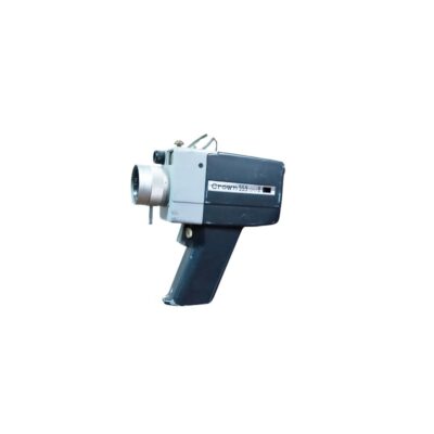 A vintage Crown Super 8 analogue film camera, model 555, characterised by its horizontal body in shades of grey and black, a prominent metal front lens and an ergonomic vertical pistol-grip handle; available for hire for events, advertising, films and TV series