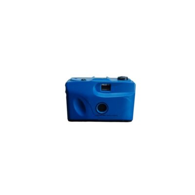 A compact, Focus Free-style analogue camera, characterised by its eye-catching, playful design in bright blue with a built-in front viewfinder; available for hire for events, advertising, films and TV series