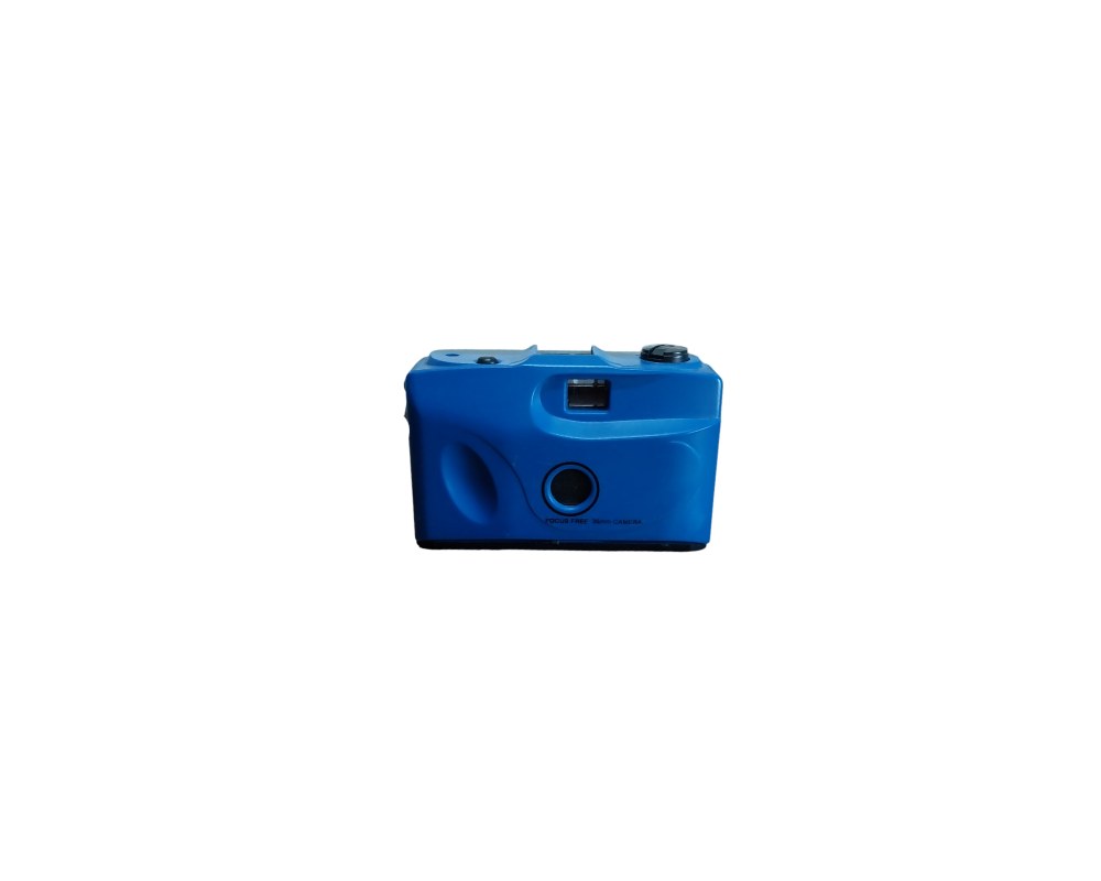 A compact, Focus Free-style analogue camera, characterised by its eye-catching, playful design in bright blue with a built-in front viewfinder; available for hire for events, advertising, films and TV series