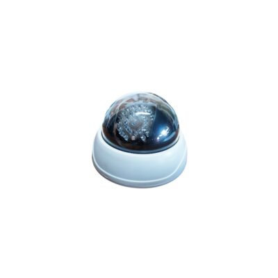 cámara de seguridad CCTV de diseño hemisférico tipo domo, con base blanca de líneas limpias y cúpula oscura transparente que deja ver la óptica y los LED infrarrojos internos alquiler para eventos, publicidad, peliculas y series