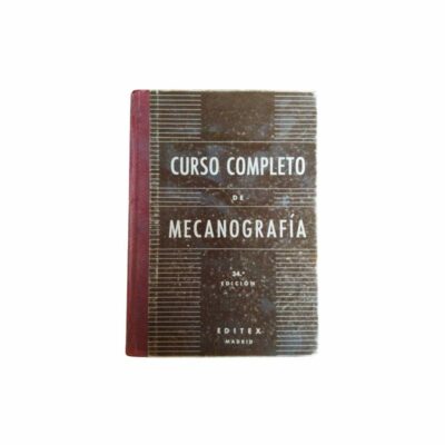 A classic educational textbook in portrait format entitled “Complete Course in Typing” (34th edition), published by Editex in Madrid, with a retro-style cover in shades of brown and red; available for hire for events, advertising, films and TV series