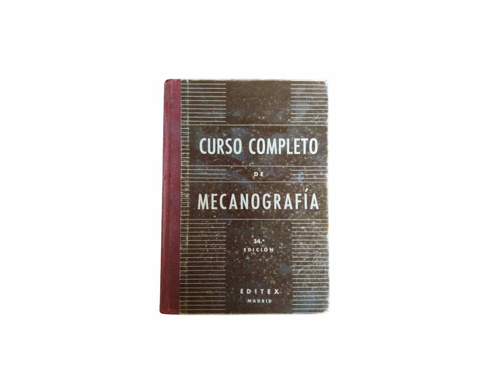manual educativo clásico de formato vertical titulado "Curso Completo de Mecanografía" (34.ª edición), editado por Editex en Madrid, con una cubierta de diseño retro en tonos marrones y rojizos alquiler para eventos, publicidad, peliculas y series
