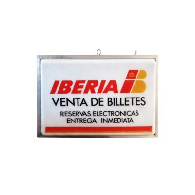 A rectangular advertising lightbox with a metal frame, displaying the classic Iberia airline logo alongside the captions ‘TICKET SALES’, ‘ONLINE BOOKINGS’ and ‘IMMEDIATE COLLECTION’ Available for hire for events, advertising, films and TV series