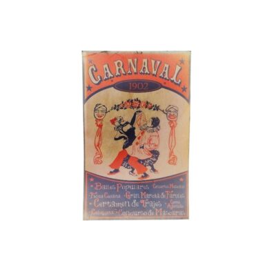 A rectangular, portrait-format poster featuring a festive, period-style illustration of local customs depicting couples dancing, topped by the title ‘CARNIVAL 1902’ and a list at the bottom of events including folk dances, parades and mask competitions; available for hire for events, advertising, films and TV series