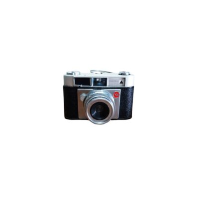 A classic analogue camera, characterised by its two-tone design with a dark textured body and a light-coloured upper section, a built-in viewfinder and a prominent metal front lens with circular detailing; available for hire for events, advertising, films and TV series