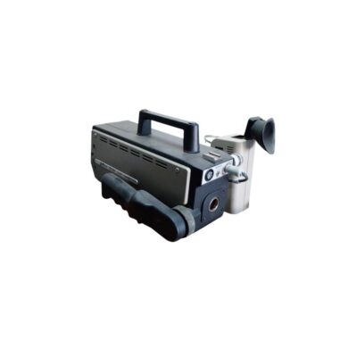 Vintage professional studio video camera, characterised by its robust, industrially designed body in shades of grey and dark grey, a top carrying handle, an ergonomic side grip and a detachable rear electronic viewfinder; available for hire for events, advertising, films and TV series
