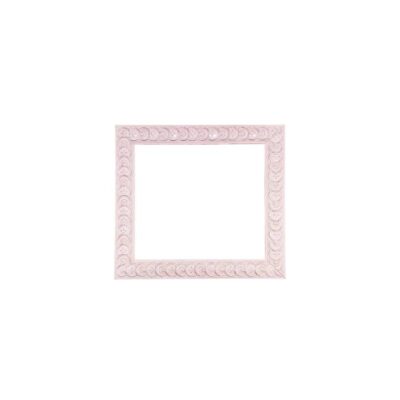 A square wooden picture frame, characterised by a wide moulding decorated with a continuous embossed pattern of circular geometric motifs, with a uniform finish in a soft pink shade. External dimensions: 66x61 Internal dimensions: 52x47 Available for hire for events, advertising, films and TV series