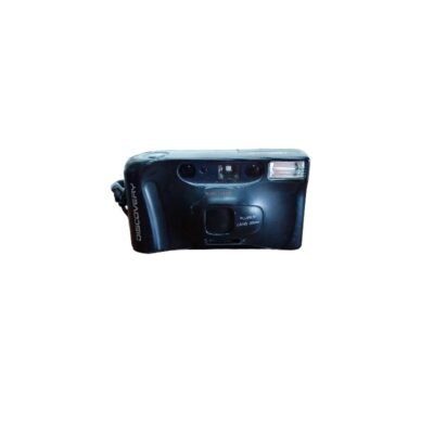 A compact analogue camera from Discovery, characterised by its sleek, dark-coloured body, ergonomic grip, built-in flash and an autofocus lens system visible on the front panel; available for hire for events, advertising, films and TV series
