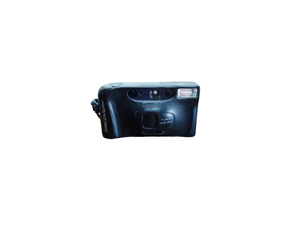 A compact analogue camera from Discovery, characterised by its sleek, dark-coloured body, ergonomic grip, built-in flash and an autofocus lens system visible on the front panel; available for hire for events, advertising, films and TV series
