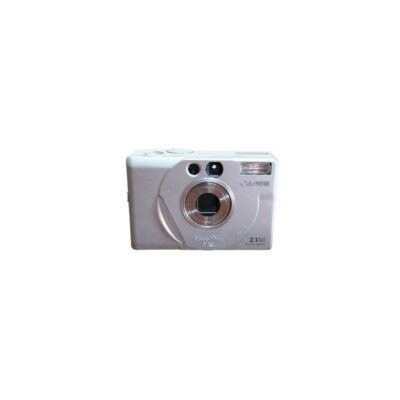A Canon PowerShot S10 compact digital camera, characterised by its elegant silver-coloured metal body, with a built-in front zoom lens and a built-in flash; available for hire for events, advertising, films and TV series