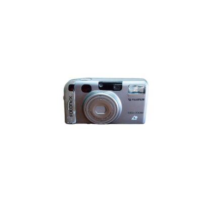A Fujifilm 300ix Zoom compact analogue camera, characterised by its sleek silver body with dark detailing, a built-in flash and a front zoom lens bearing technical markings; available for hire for events, advertising, films and TV series