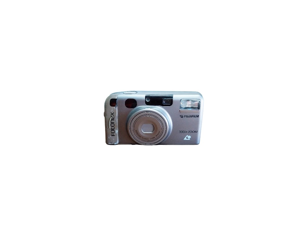 A Fujifilm 300ix Zoom compact analogue camera, characterised by its sleek silver body with dark detailing, a built-in flash and a front zoom lens bearing technical markings; available for hire for events, advertising, films and TV series