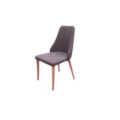 A modern-design side chair, characterised by a comfortable seat and a high, curved backrest, fully upholstered in a blue-grey fabric, supported by four slender, tapered legs in light-coloured wood; available for hire for events, advertising, films and TV series