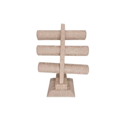 Vertical display stand featuring a design comprising three horizontal cylindrical levels and a base, all fully lined with linen fabric in natural shades; available for hire for events, advertising, films and TV series