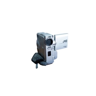 A compact digital camcorder from JVC, featuring a sleek silver-coloured body, a built-in zoom lens, a side strap and a fold-out side LCD screen; available for hire for events, advertising, films and TV series