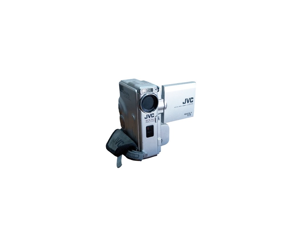 A compact digital camcorder from JVC, featuring a sleek silver-coloured body, a built-in zoom lens, a side strap and a fold-out side LCD screen; available for hire for events, advertising, films and TV series