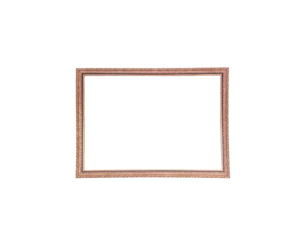 A rectangular wooden frame, characterised by a wide, ornate moulding with textured reliefs and a combination of finishes in shades of gold, copper and dark colours. External dimensions: 132x97. Internal dimensions: 118 x 83. Available for hire for events, advertising, films and TV series