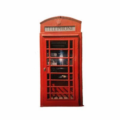 Iconic vintage British-style public telephone box, characterised by its sturdy wooden panelling; available for hire for events, advertising, films and TV series